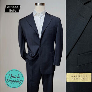 Barneys Italy Mens 44R 34x31 Midnight Blue Ghost Plaid Virgin Wool 3/2 Roll